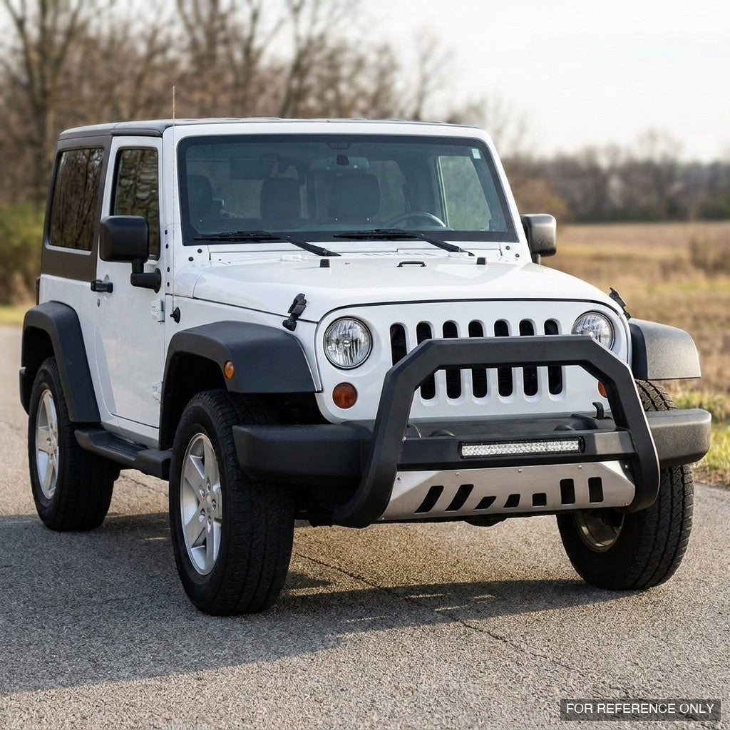 2007-2009 Jeep Wrangler JK Advanced Series Bull Guard w/ LED Light Bar — Matte Black, Brushed Aluminum Skid Plate