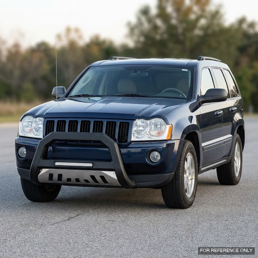 2008-2010 Jeep Grand Cherokee Advanced Series Bull Guard w/ LED Light Bar — Matte Black, Brushed Aluminum Skid Plate
