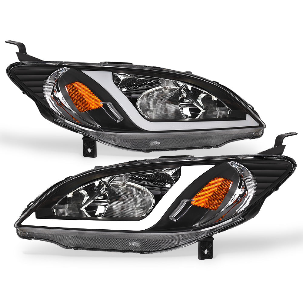 04-05 Honda Civic Crystal Headlights w/ LED Light Bar - Black