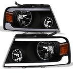 04-08 Ford F-150 LED Crystal Headlights Black w/ Amber Light Bar