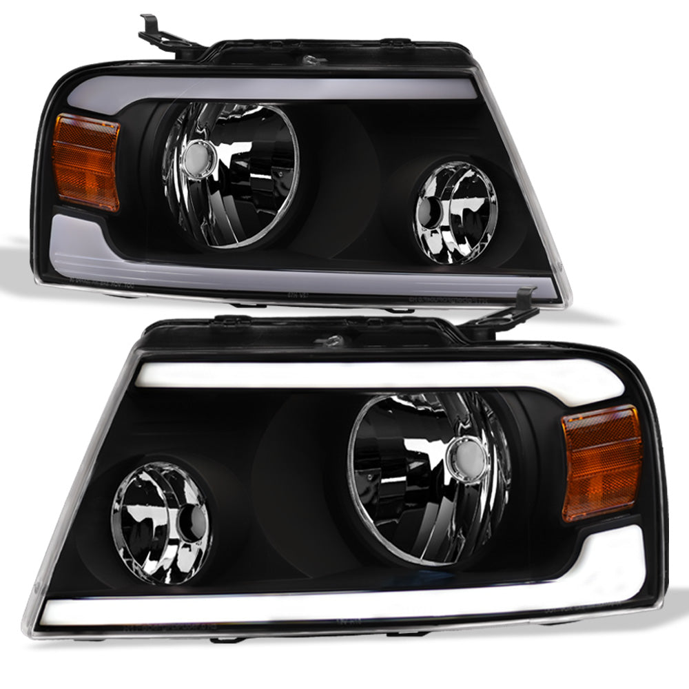 04-08 Ford F-150 LED Crystal Headlights Black w/ Amber Light Bar