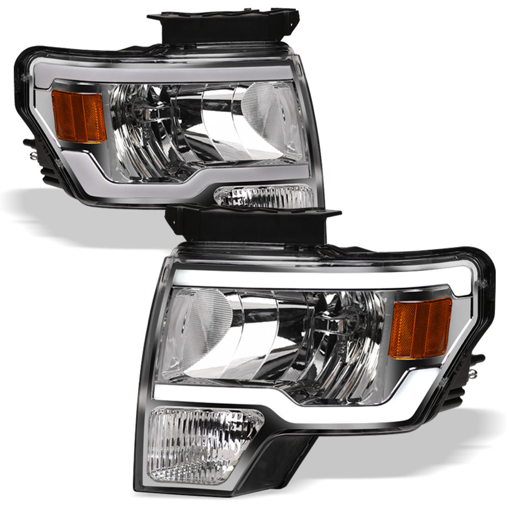 09-14 Ford F-150 LED Crystal Headlights Chrome w/ Amber Light Bar