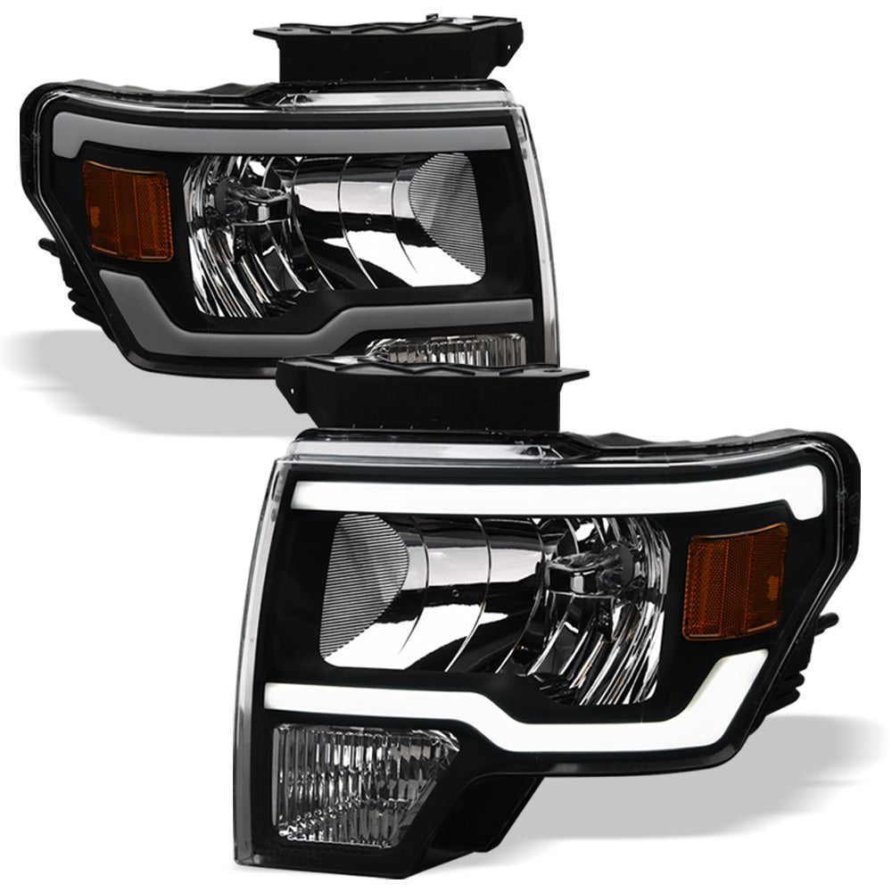 09-14 Ford F-150 LED Crystal Headlights Black w/ Amber Light Bar