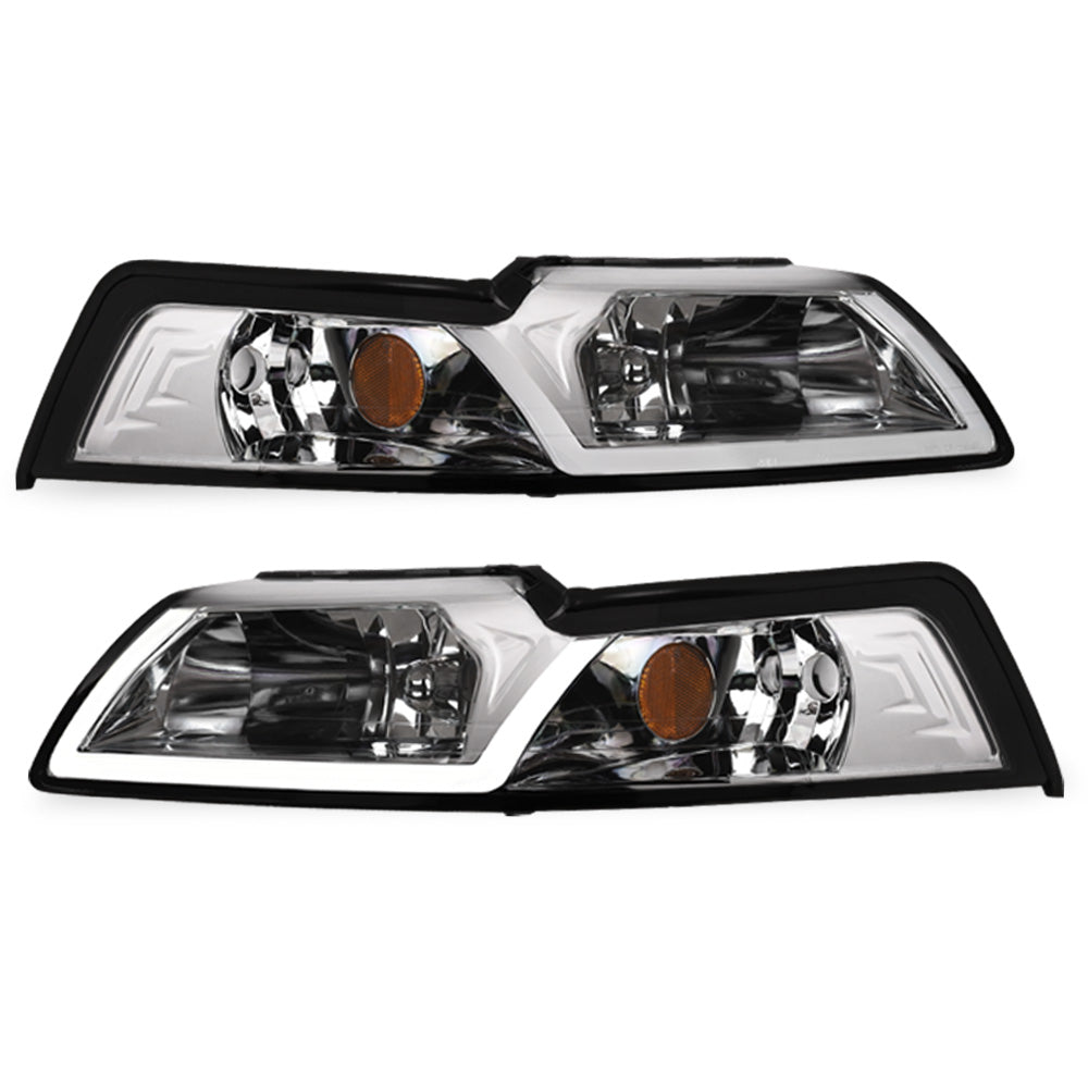 99-04 Ford Mustang Chrome Crystal Headlights w/ LED Light Bar