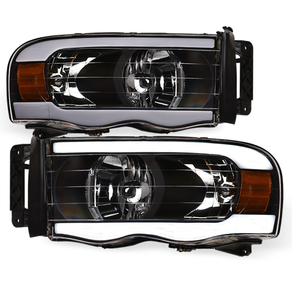 02-05 Dodge Ram Crystal Headlights w/ LED Light Bar - Black
