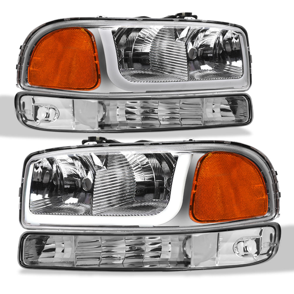 99-06 GMC Sierra Yukon XL Crystal Headlights LED Bar Chrome 4PC