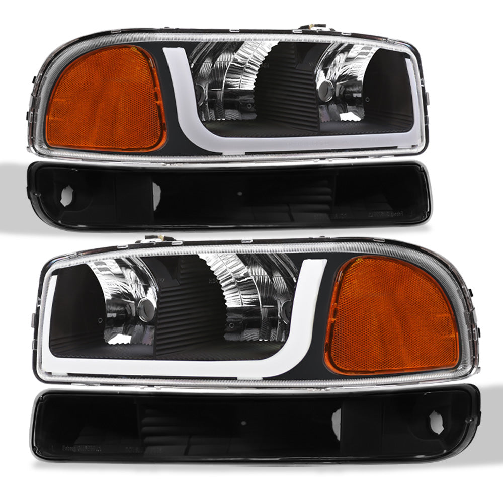 99-06 GMC Sierra Yukon XL Crystal Headlights LED Bar Black 4PC