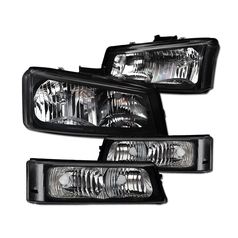 2002-2007 Chevrolet Silverado Crystal Headlight 4PC Set - Black