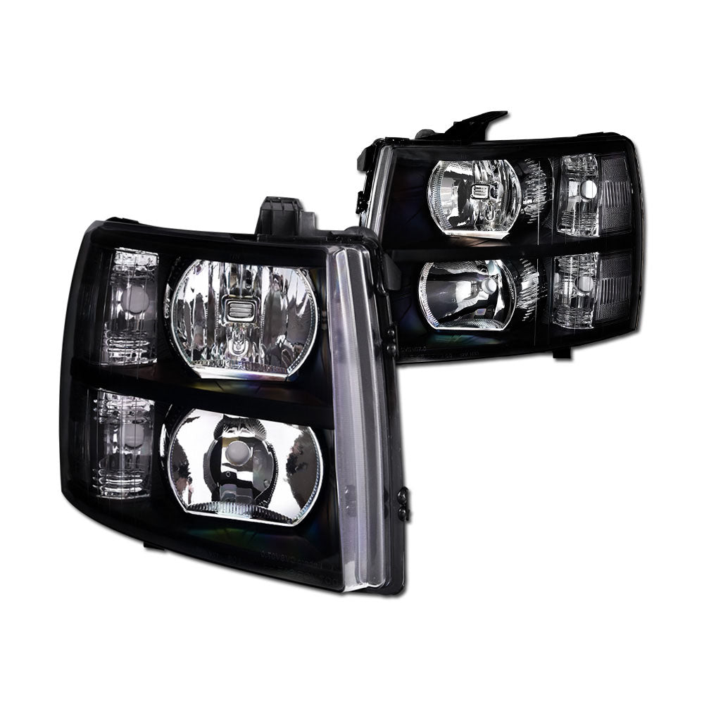 2007-2014 Chevrolet Silverado Crystal Headlights No Amber - Black