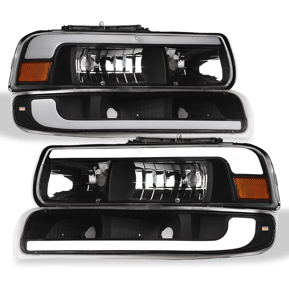 1999-2006 Chevrolet Silverado Suburban Tahoe Crystal Headlights & Bumper Lights Set - Black