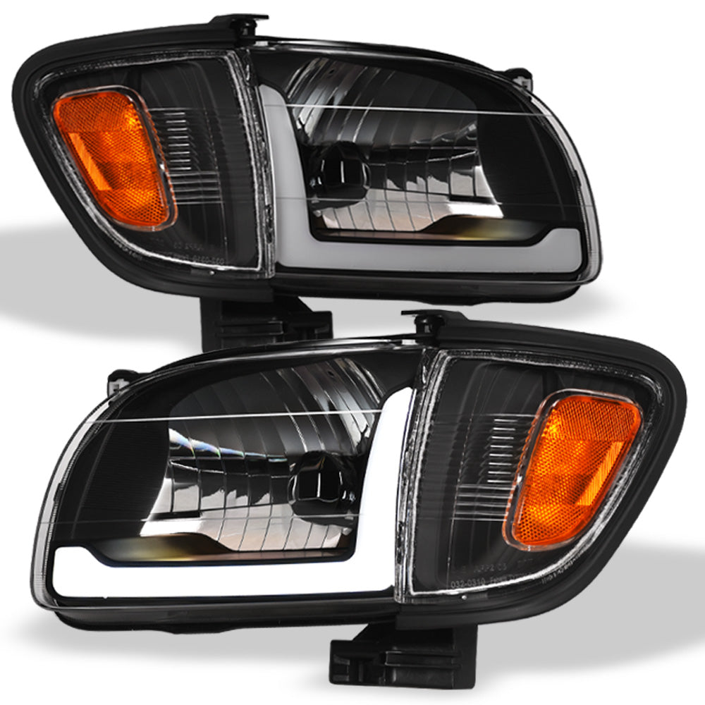 01-04 Toyota Tacoma Crystal Headlights w/ LED Light Bar 4PC Black