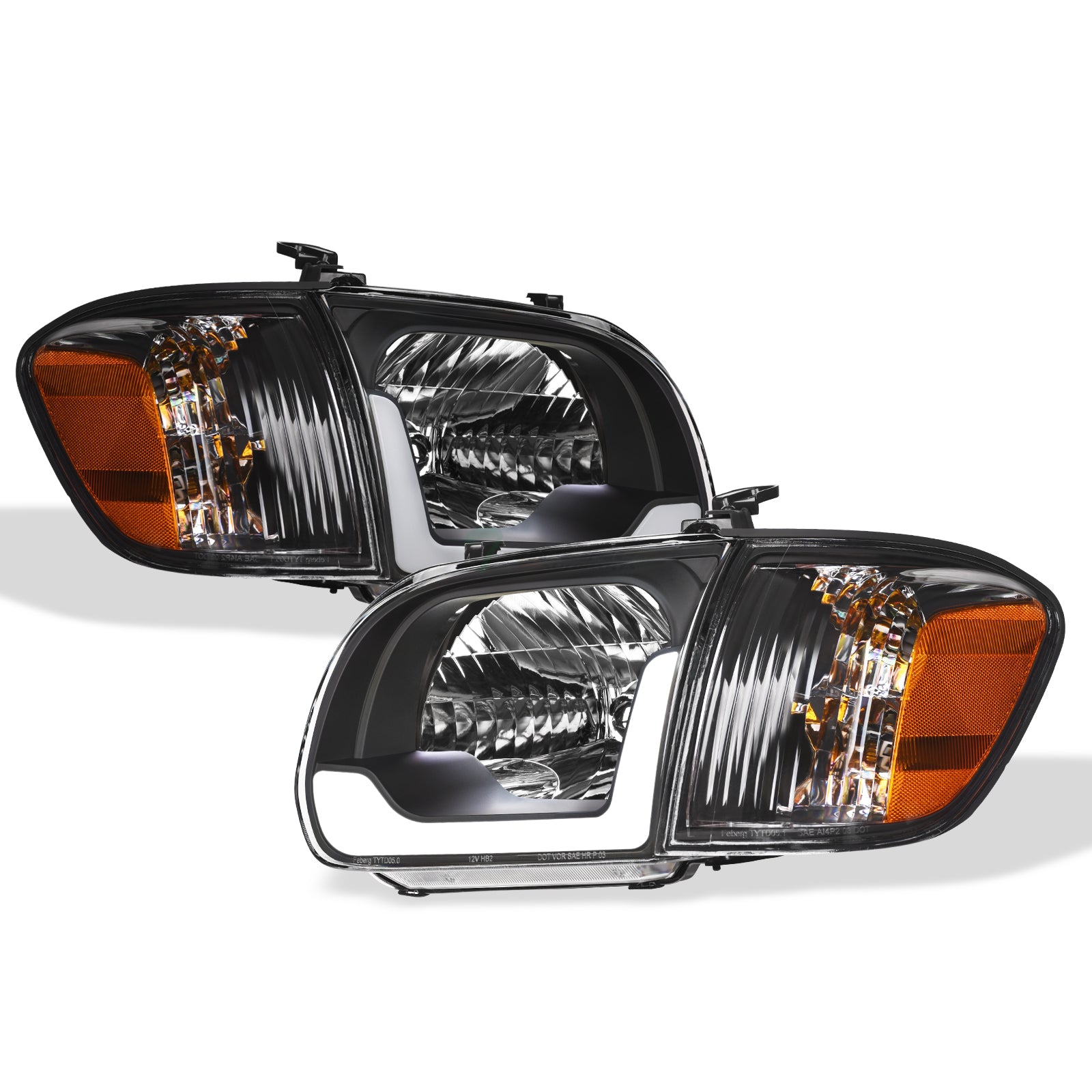 05-06 Toyota Tundra Black Crystal Headlights w/ LED Light Bar 4PC
