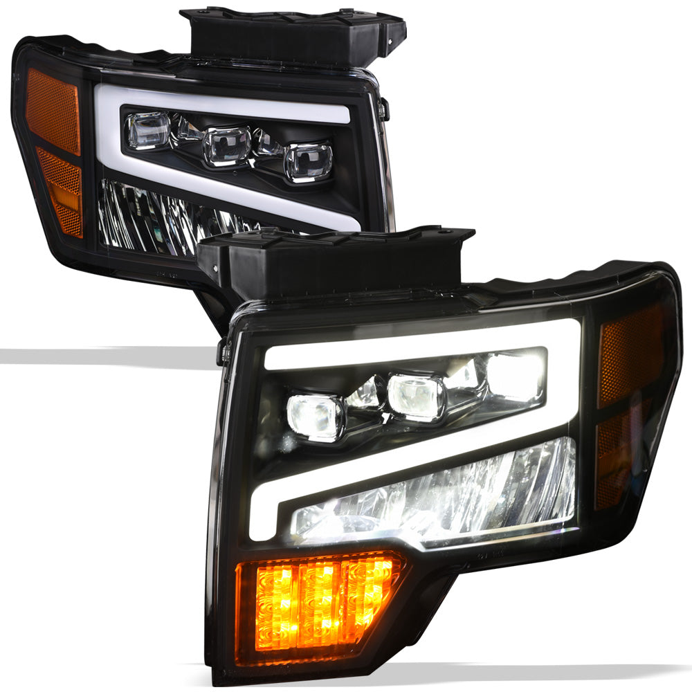 2009-2014 Ford F-150 Full LED Projector Headlights Black Amber