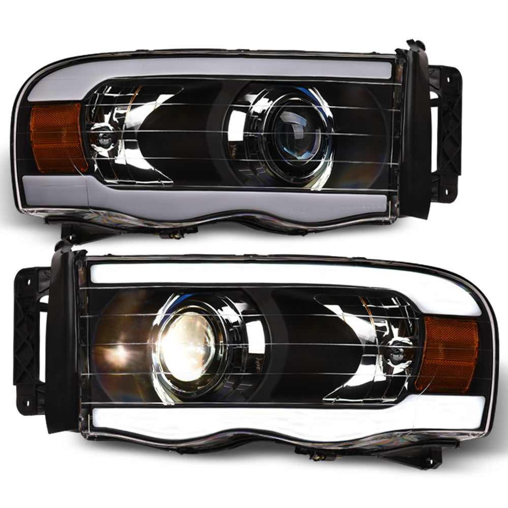 02-05 Dodge Ram Full LED Projector Headlights w/ Light Bar - Black