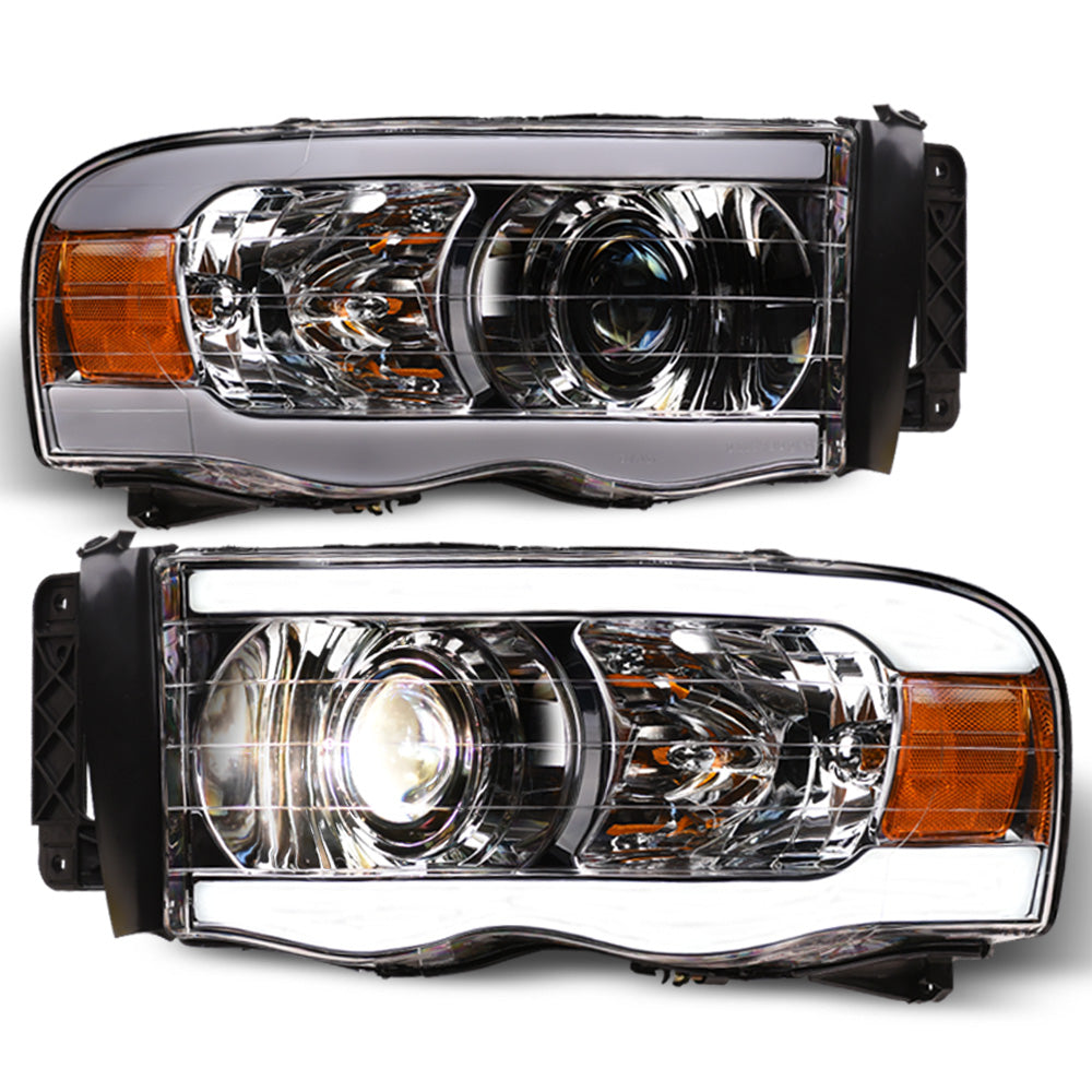 02-05 Dodge Ram Full LED Projector Headlights Chrome - LED Bar