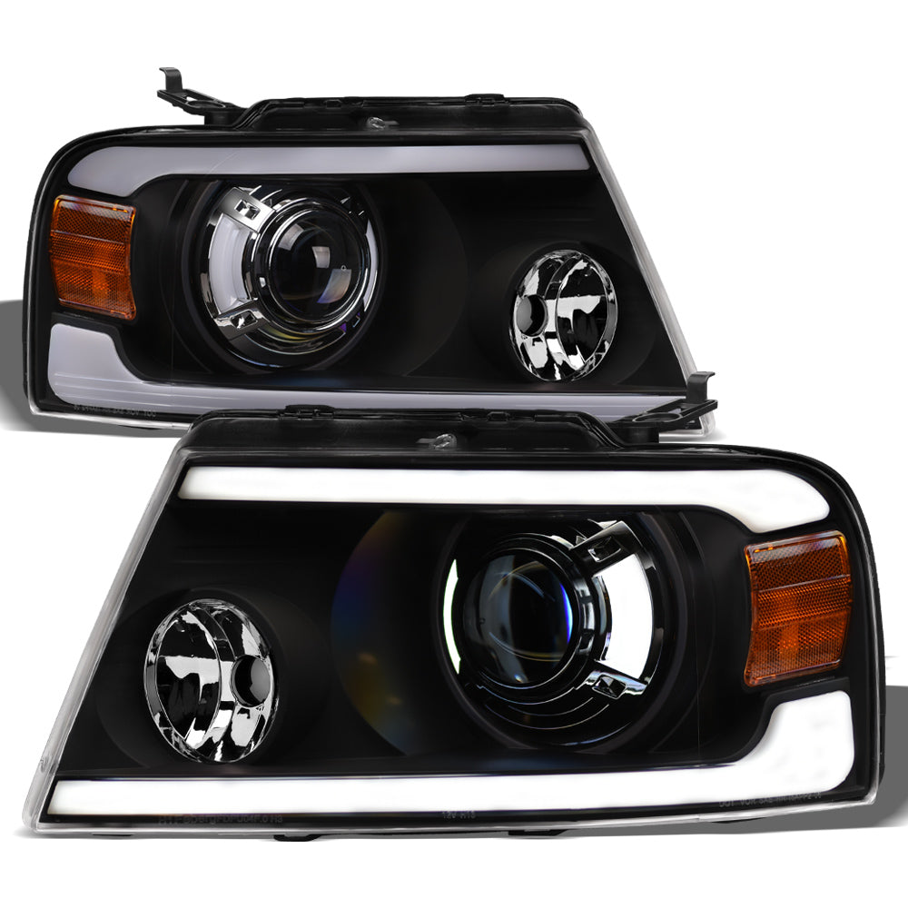 04-08 Ford F-150 LED Projector Headlights Black w/ Amber Light Bar