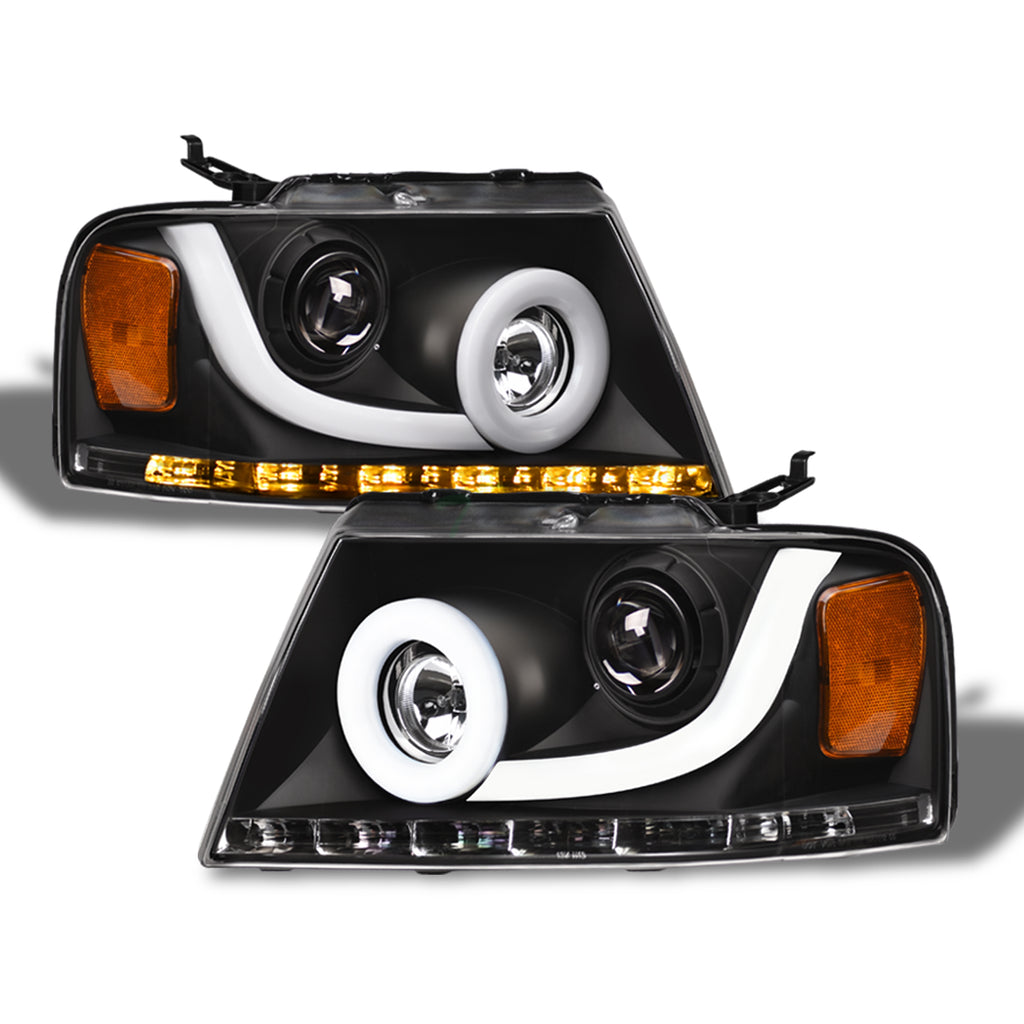 04-08 Ford F-150 LED Halo Projector Headlights Black - FDPU04B1.06
