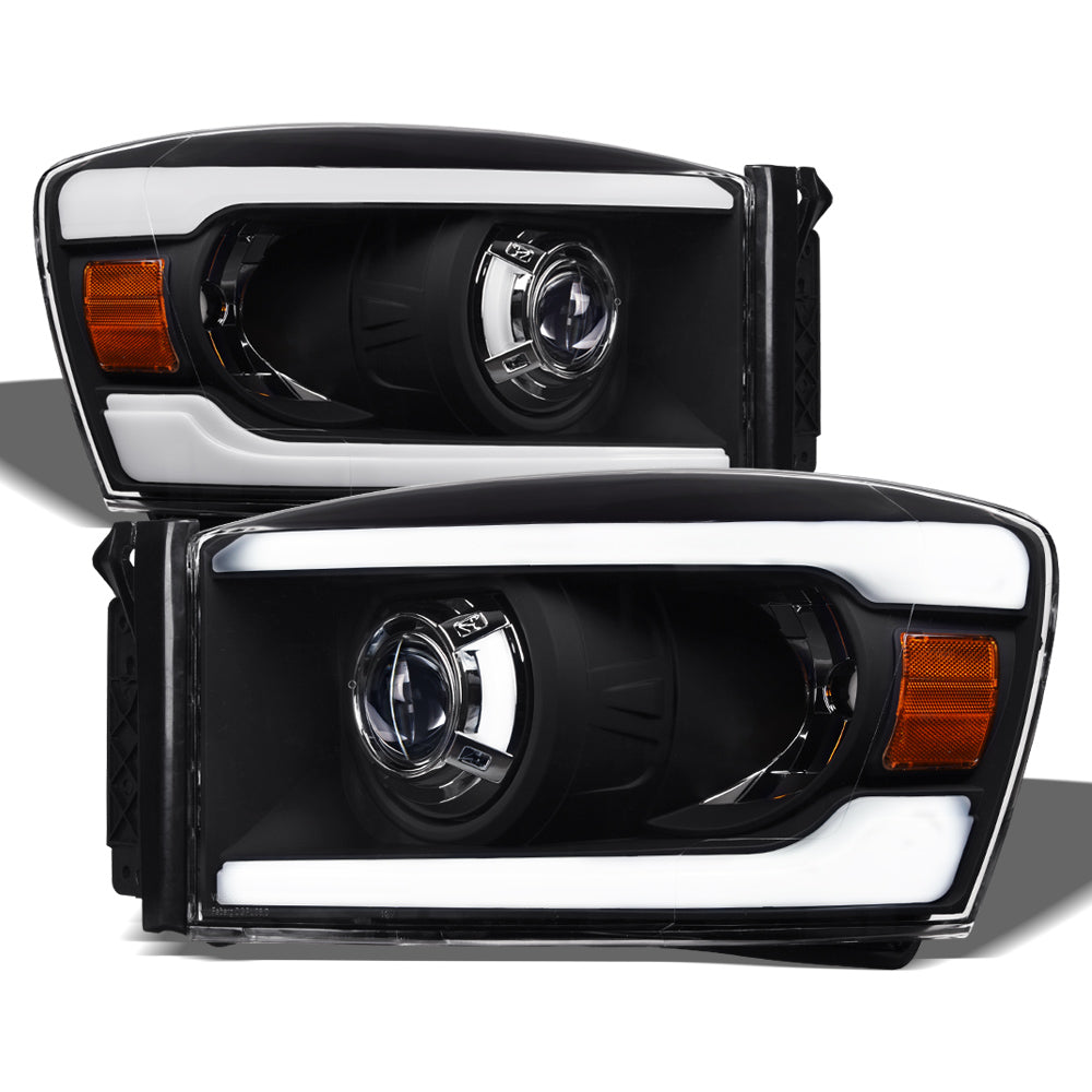 06-08 Dodge Ram Black Projector Headlights w/ LED Light Bar - Amber