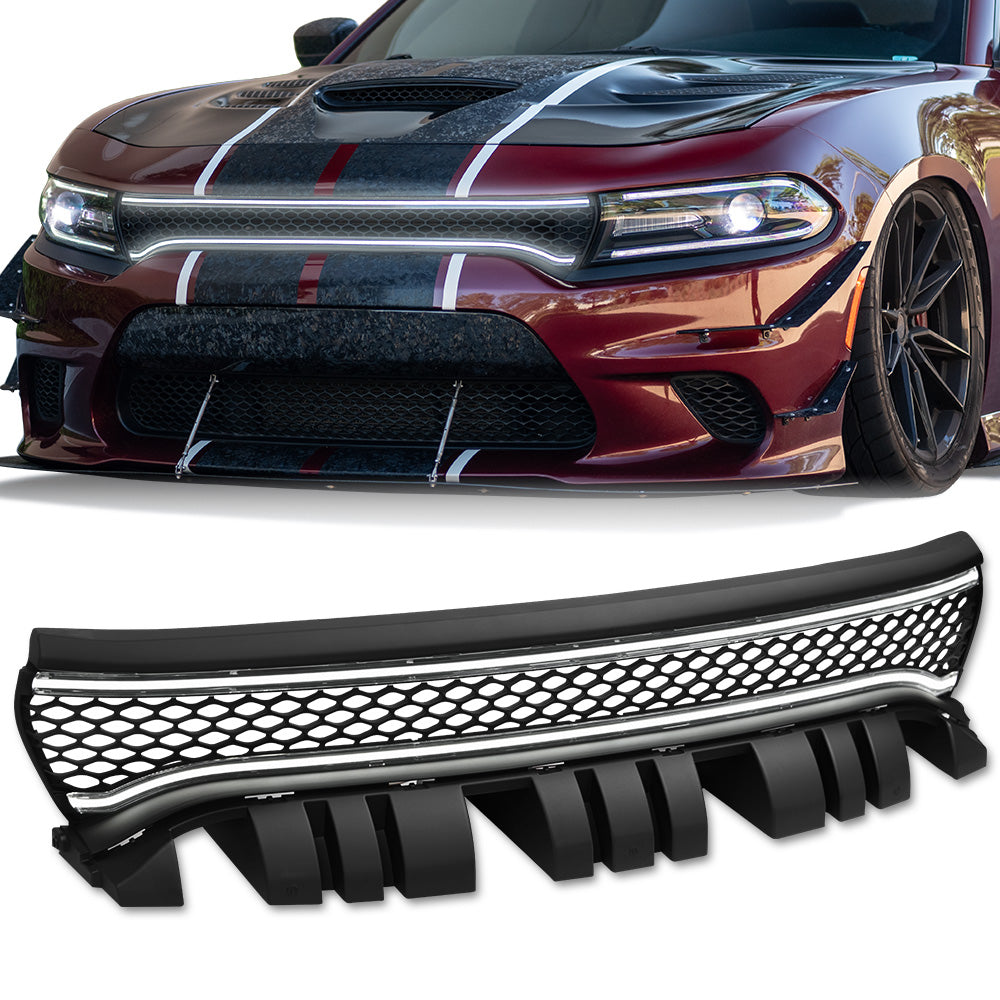 2015-2023 Dodge Charger Hex Style Front Grille w/LED Light Bar - Matte Black