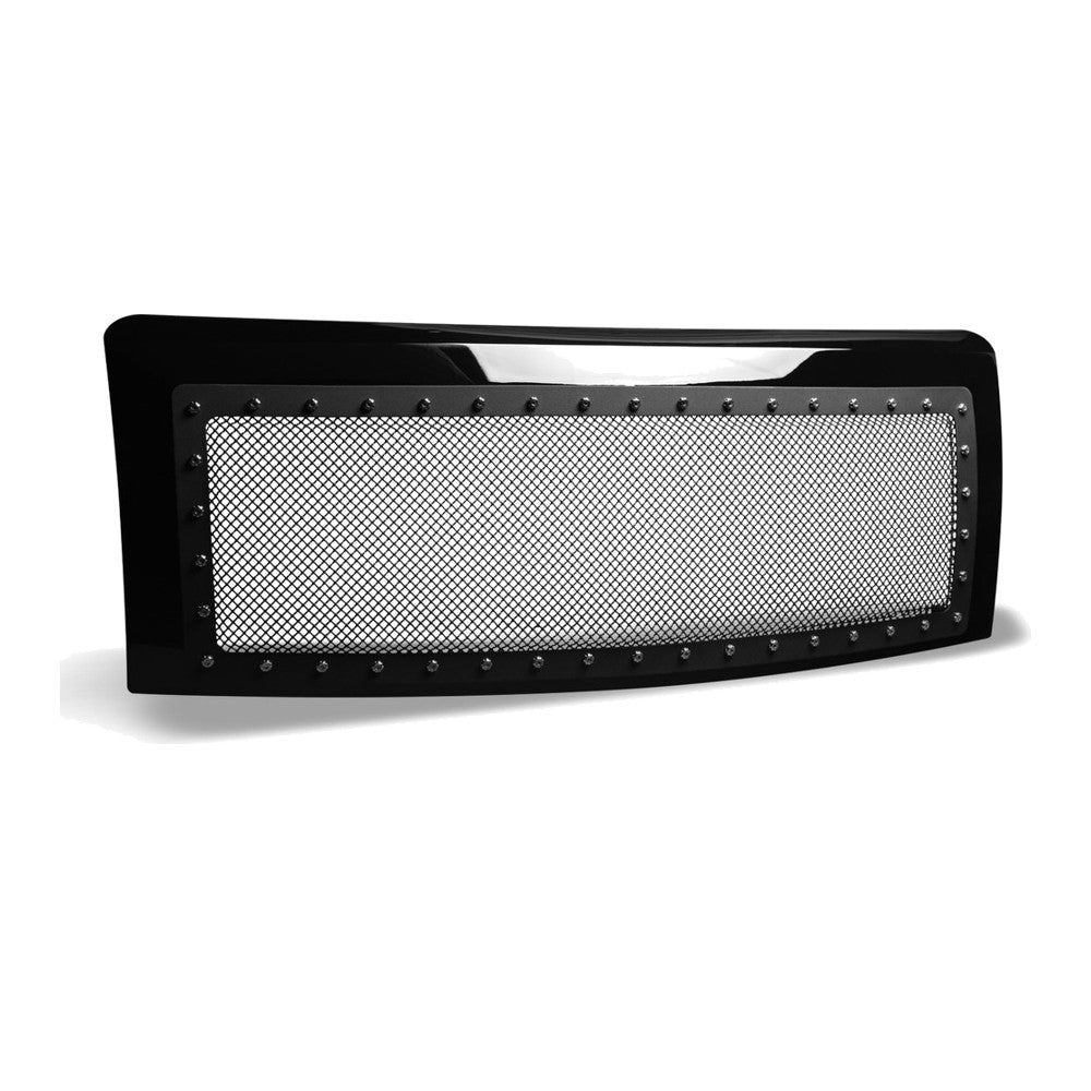 2009-2014 Ford F-150 Studded Wire Mesh Front Grille w/ Chrome Rivets — Black — product view