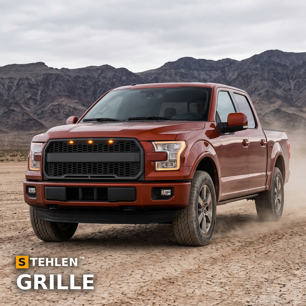 2009-2014 Ford F-150 Raptor Style Front Grille w/ Amber LED Lights — Black — installed