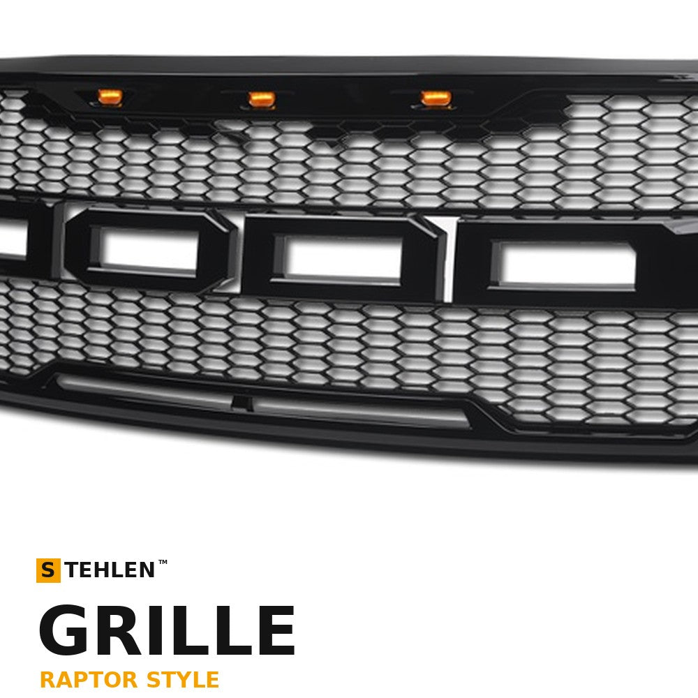 2009-2014 Ford F-150 Raptor Style Front Grille w/ Amber LED Lights — Black