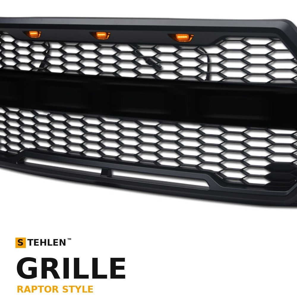 2015-2017 Ford F-150 Raptor Style Front Grille w/ Amber LED Lights — Matte Black