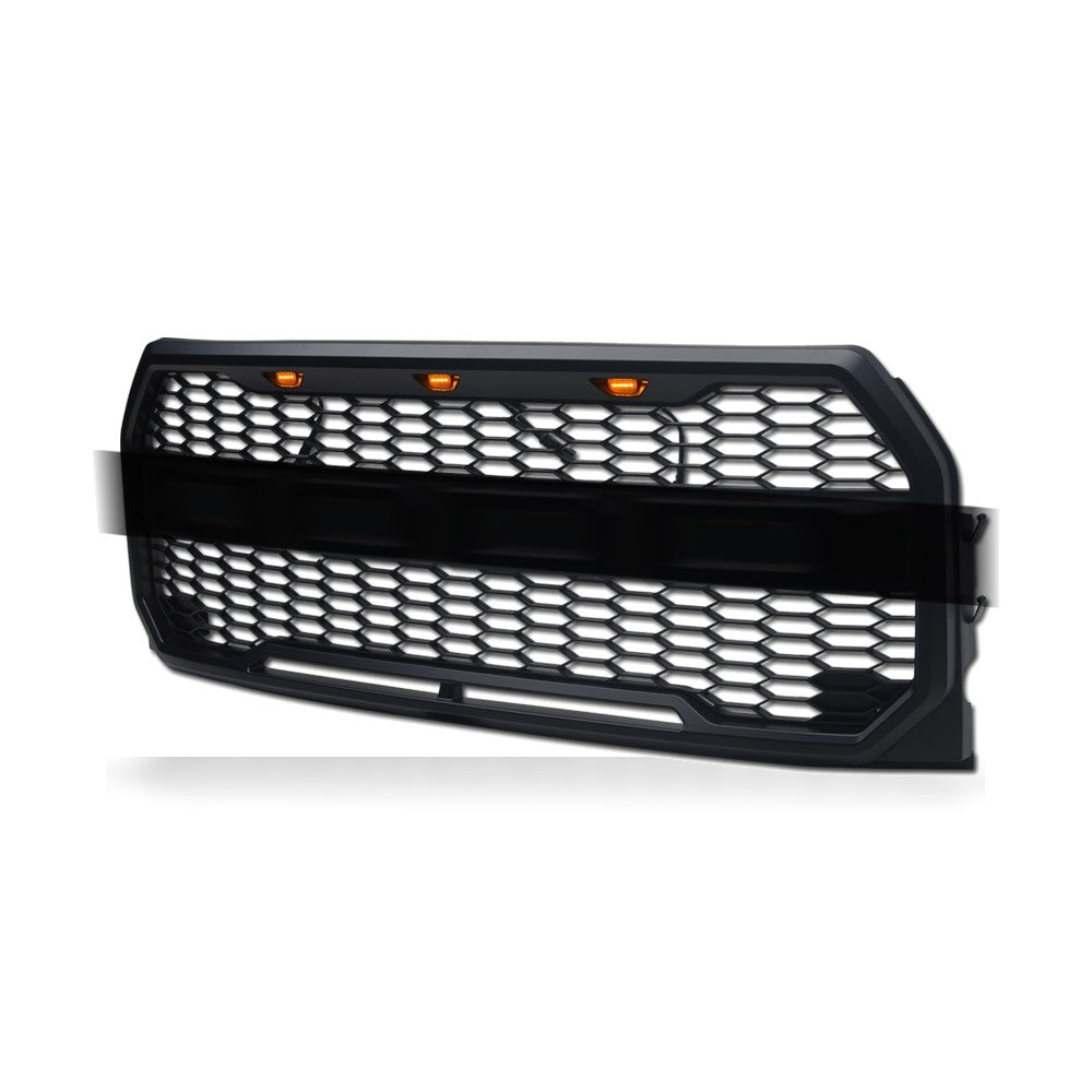 2015-2017 Ford F-150 Raptor Style Front Grille w/ Amber LED Lights — Matte Black — product view