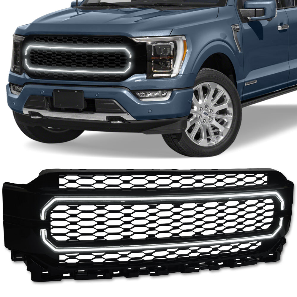 2021-2023 Ford F150 Badgeless Front Grille w/ LED Light Bar - Black