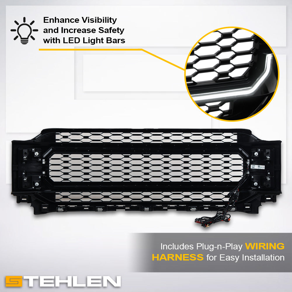 2021-2023 Ford F150 Badgeless Front Grille w/ LED Light Bar - Black
