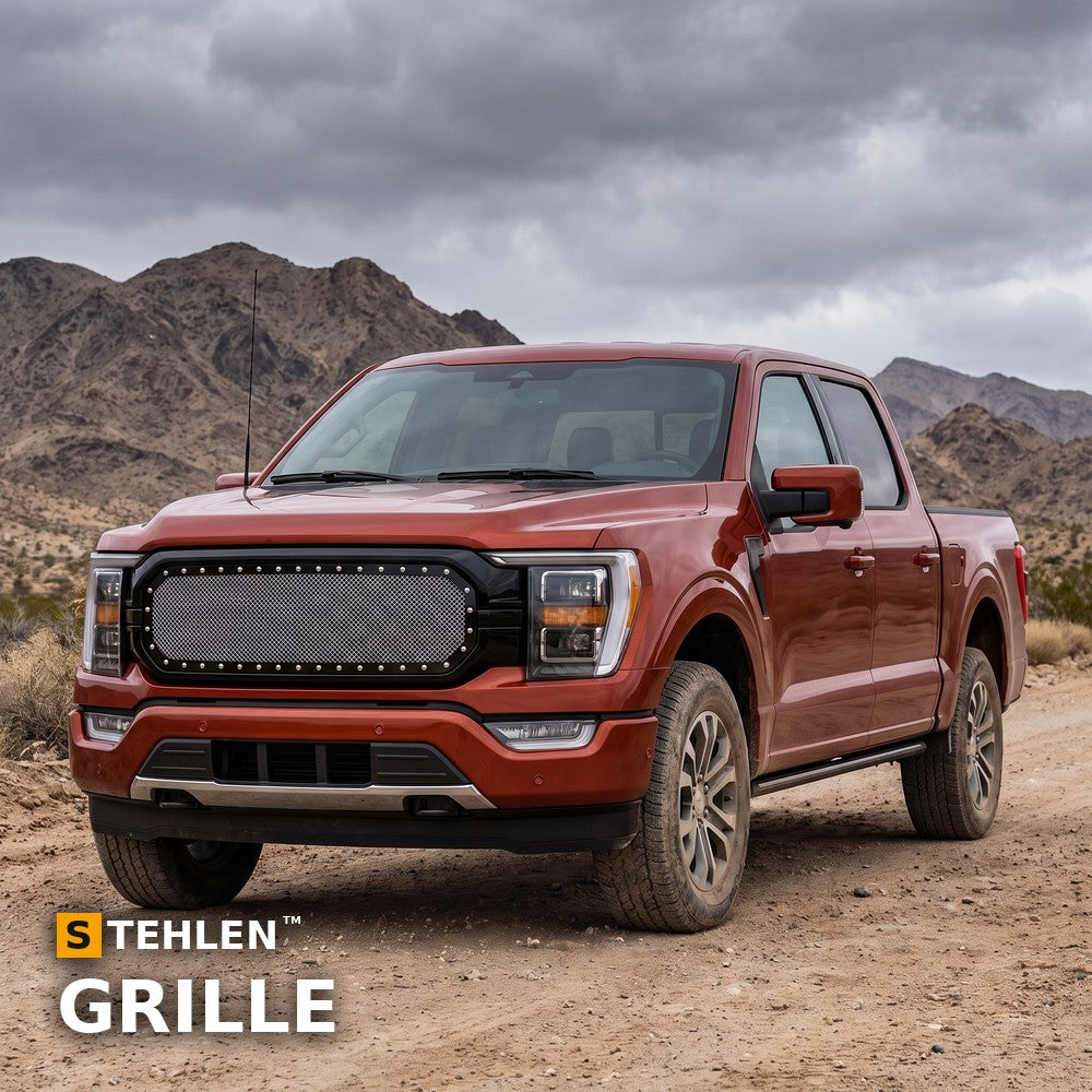 2021-2025 Ford F-150 RVT Style Studded Mesh ABS Front Grille — Glossy Black (Armordillo) — installed