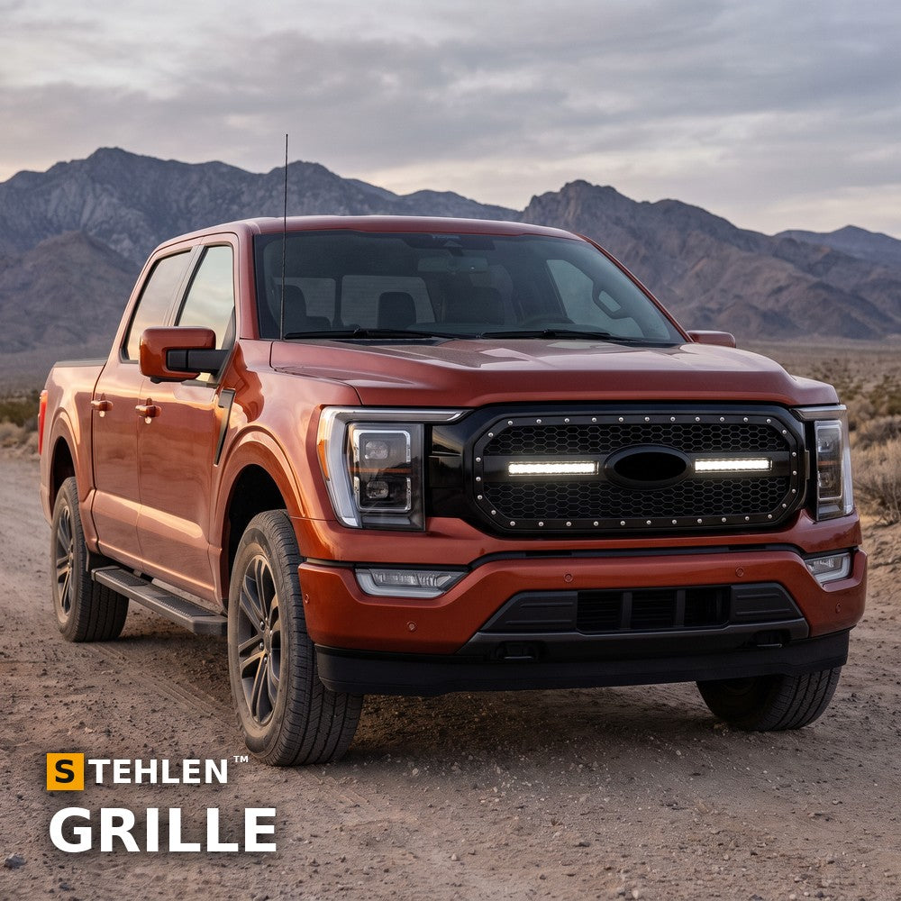 2021-2025 Ford F-150 RVT Style Mesh Front Grille w/ Sequential LED Light Bar — Glossy Black (Armordillo) — installed