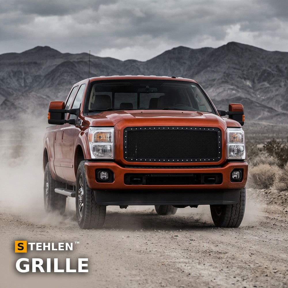 2011-2016 Ford F-250/F-350 Super Duty Studded Mesh Rivet Style Front Grille — Black — installed