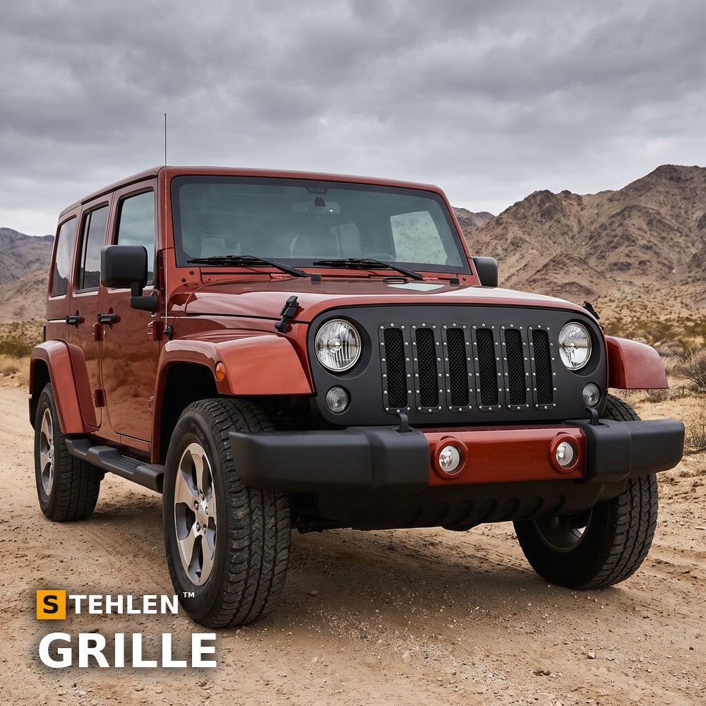 2007-2016 Jeep Wrangler JK Studded Wire Mesh Front Grille w/ Chrome Rivets — Black — installed