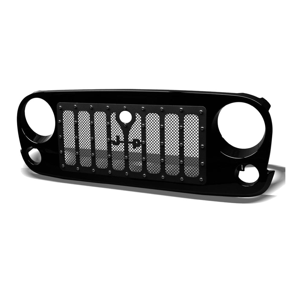 2007-2016 Jeep Wrangler JK Studded Wire Mesh Front Grille w/ Chrome Rivets — Black — product view