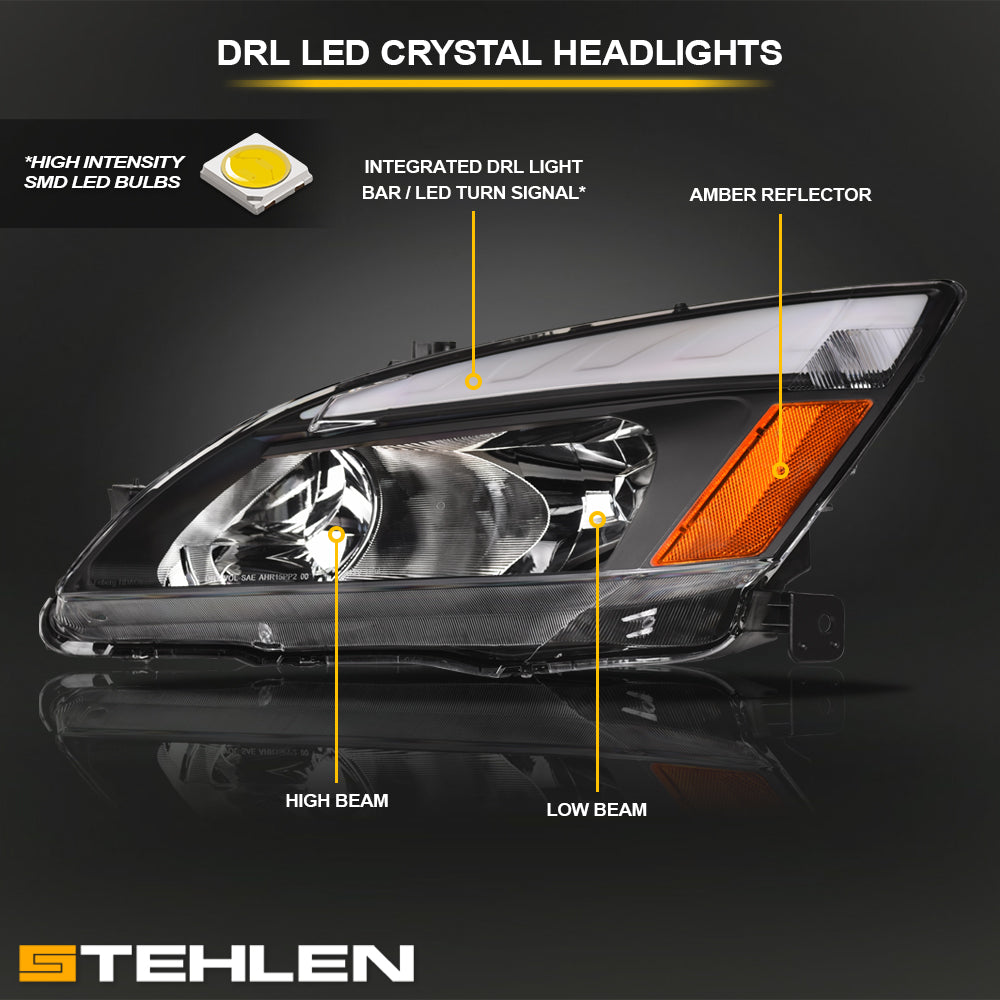 03-07 Honda Accord LED Crystal Headlights Black w/ Amber