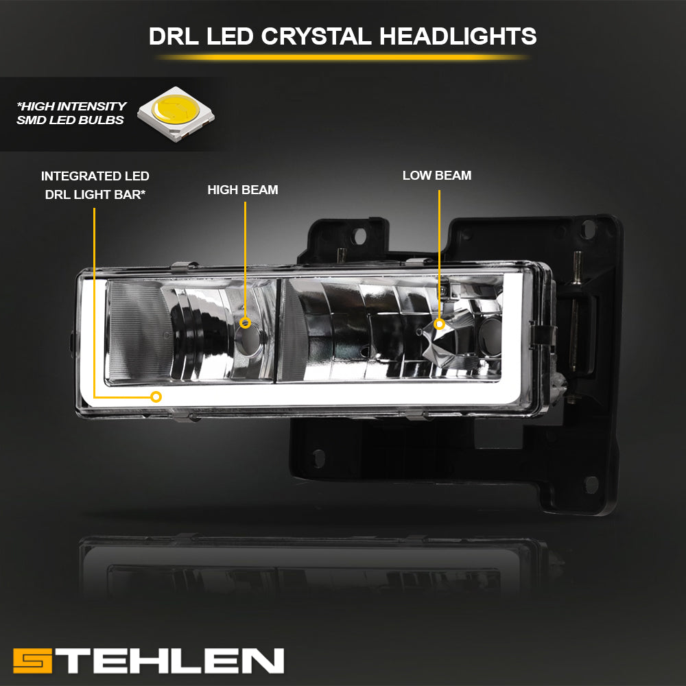 1988-2000 Chevrolet C/K Pickup Crystal Headlights w/ LED Bar - Chrome