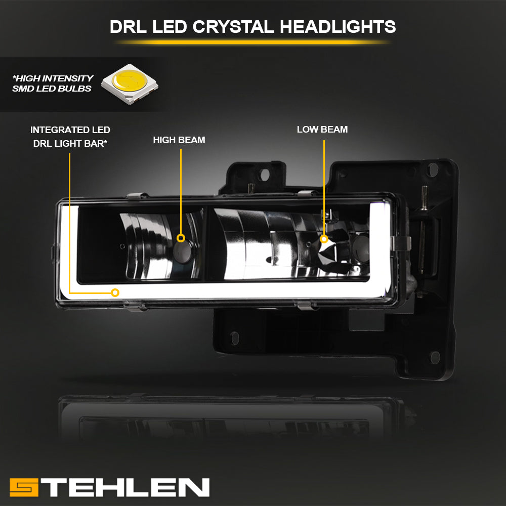1988-2000 Chevrolet C/K Pickup Crystal Headlights w/LED Bar - Black
