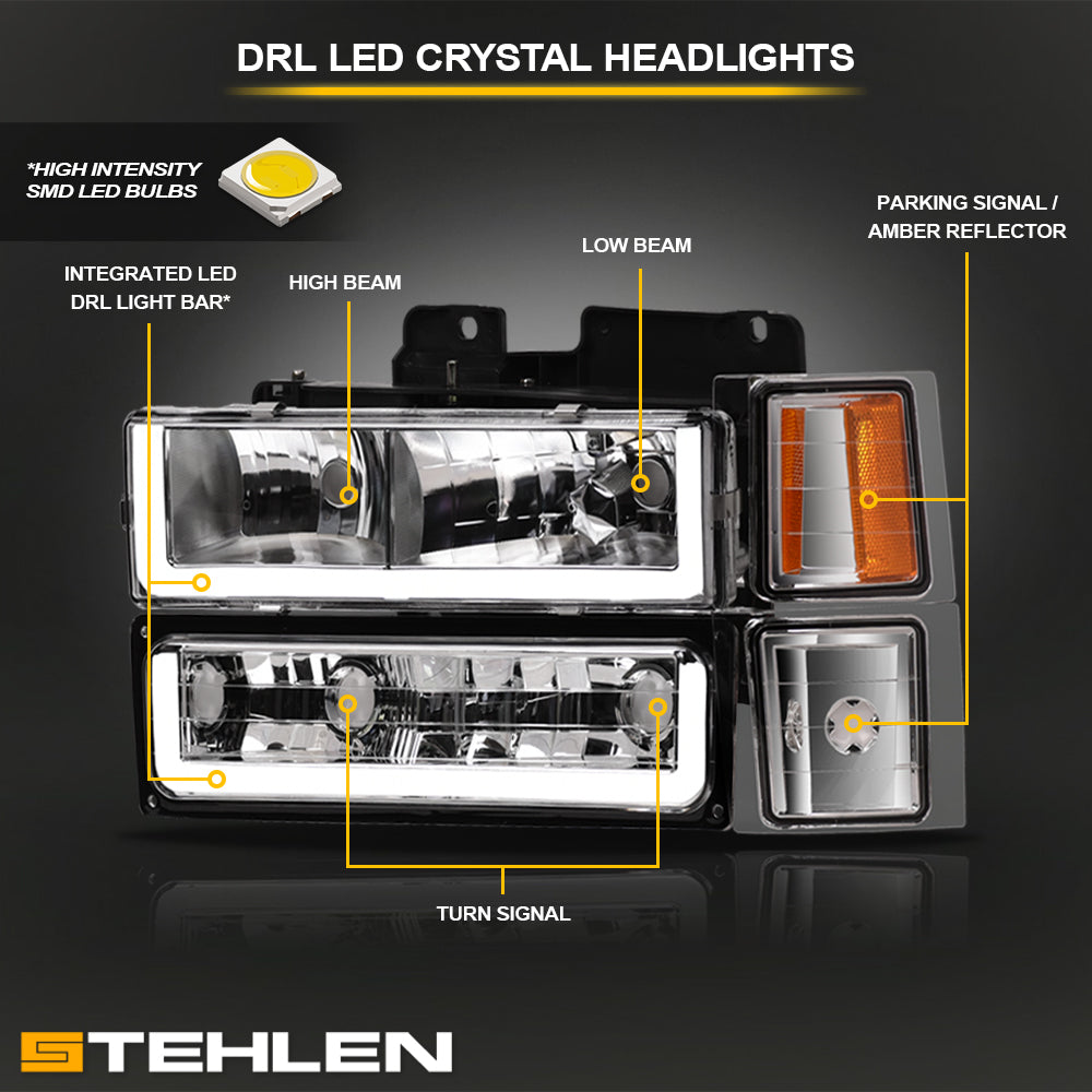 1994-2000 Chevrolet C/K Pickup Crystal Headlights LED 8pc Set - Chrome
