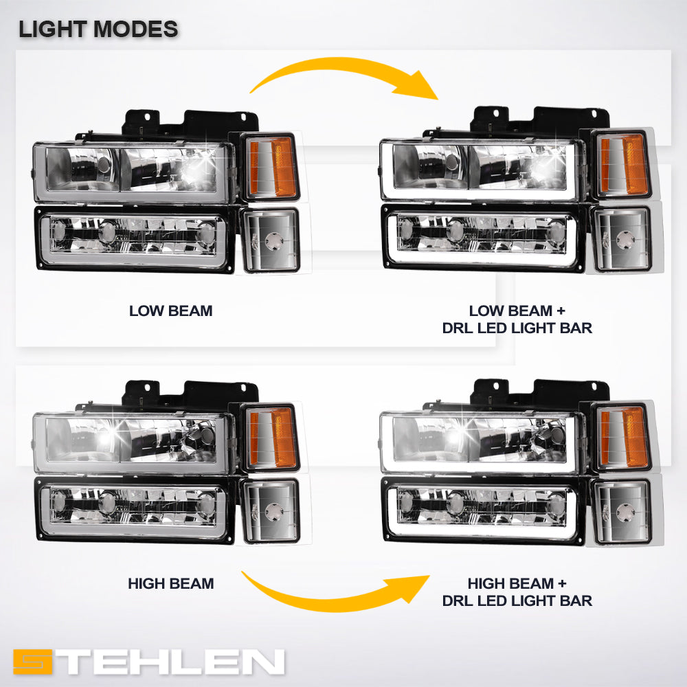 1994-2000 Chevrolet C/K Pickup Crystal Headlights LED 8pc Set - Chrome