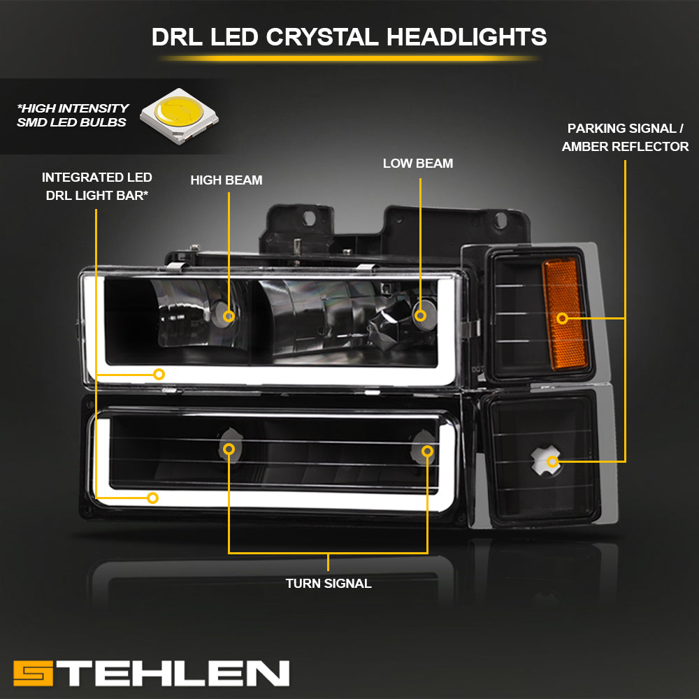 1994-2000 Chevrolet C/K Pickup Crystal Headlights LED 8pc Set - Black