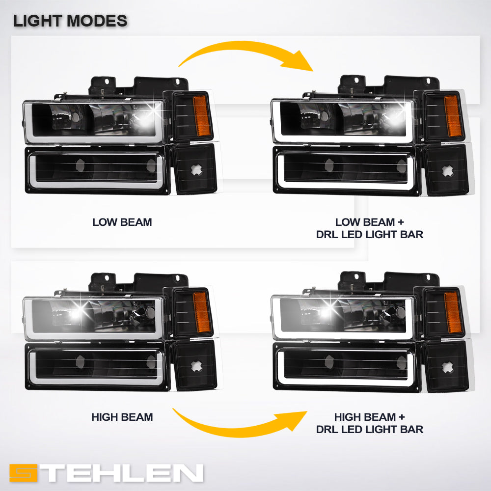 1994-2000 Chevrolet C/K Pickup Crystal Headlights LED 8pc Set - Black