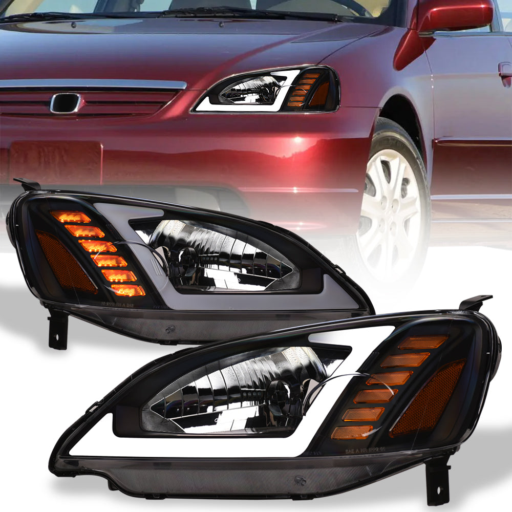 01-03 Honda Civic Crystal Headlights Sequential LED Bar - Black