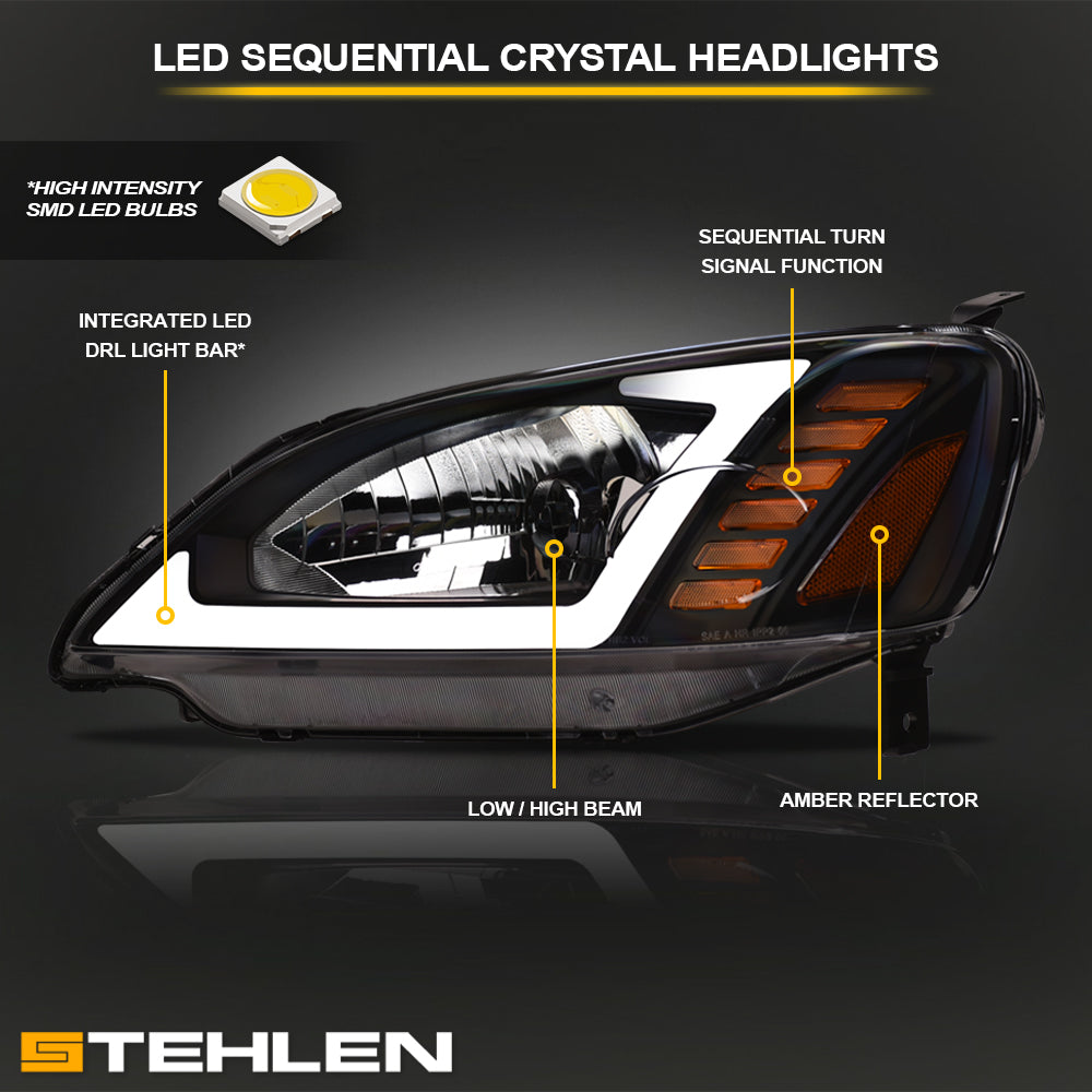 01-03 Honda Civic Crystal Headlights Sequential LED Bar - Black