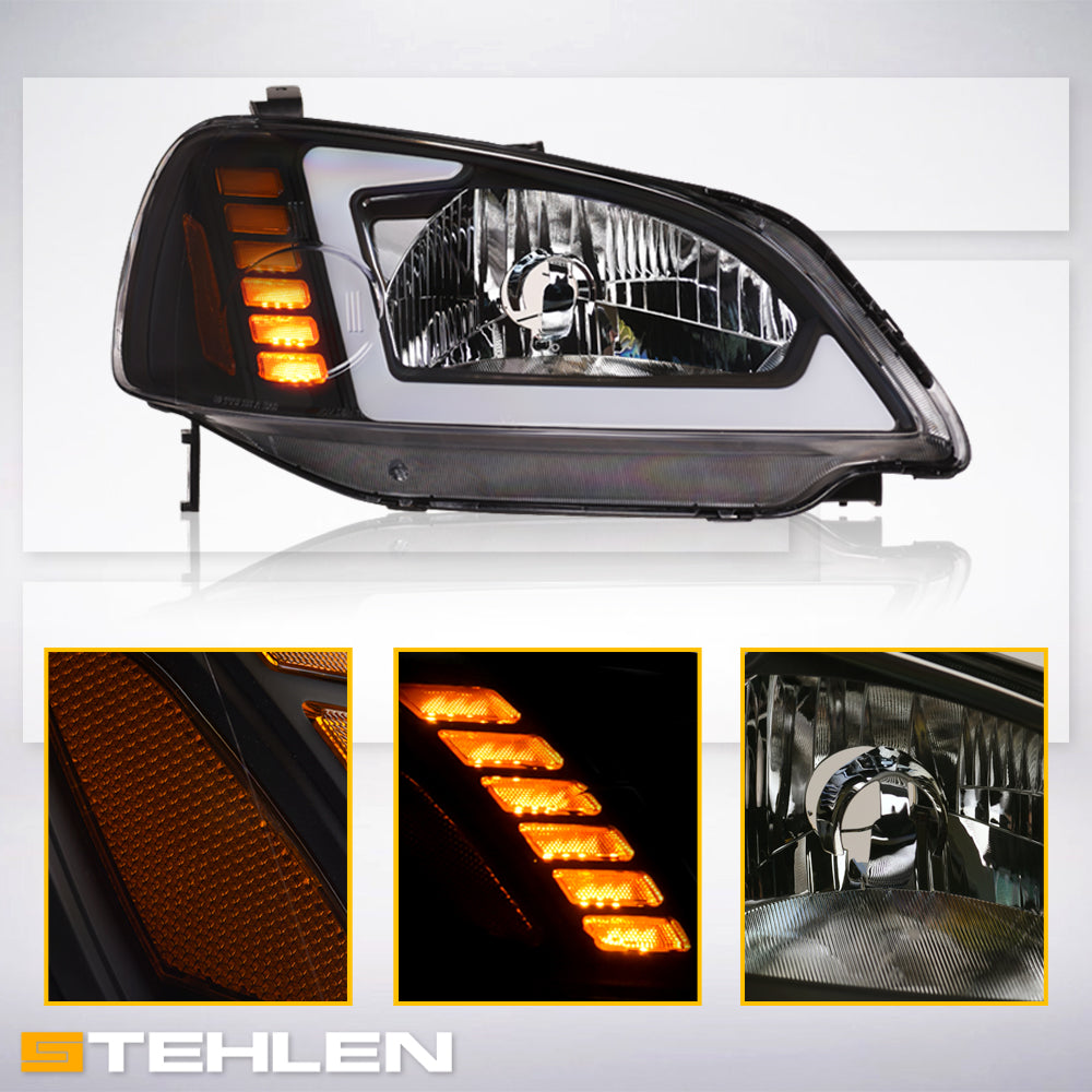 01-03 Honda Civic Crystal Headlights Sequential LED Bar - Black