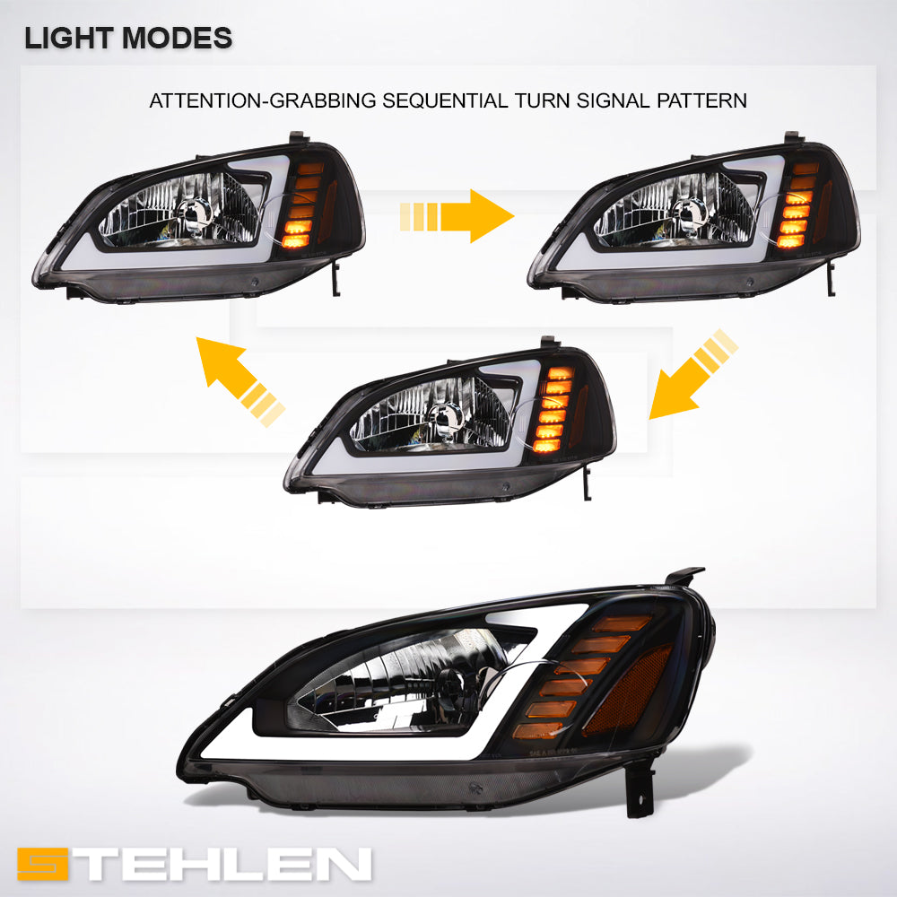 2001-2003 Honda Civic Crystal Headlights Sequential LED Bar - Black