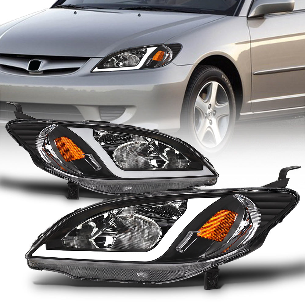 04-05 Honda Civic Crystal Headlights w/ LED Light Bar - Black