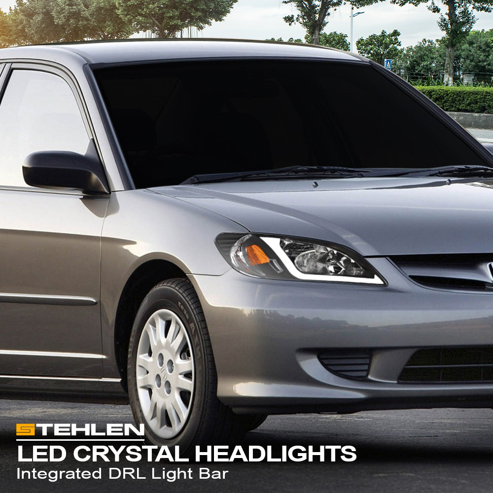 04-05 Honda Civic Crystal Headlights w/ LED Light Bar - Black