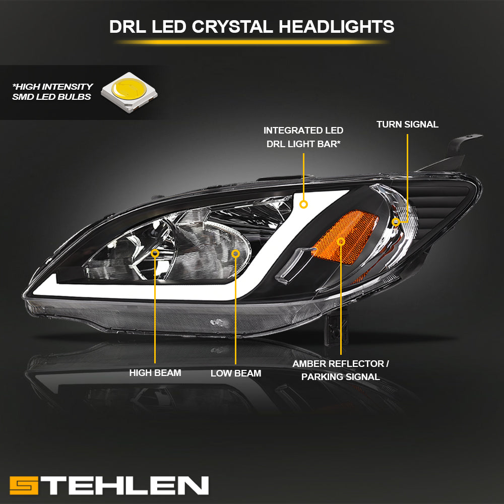 04-05 Honda Civic Crystal Headlights w/ LED Light Bar - Black
