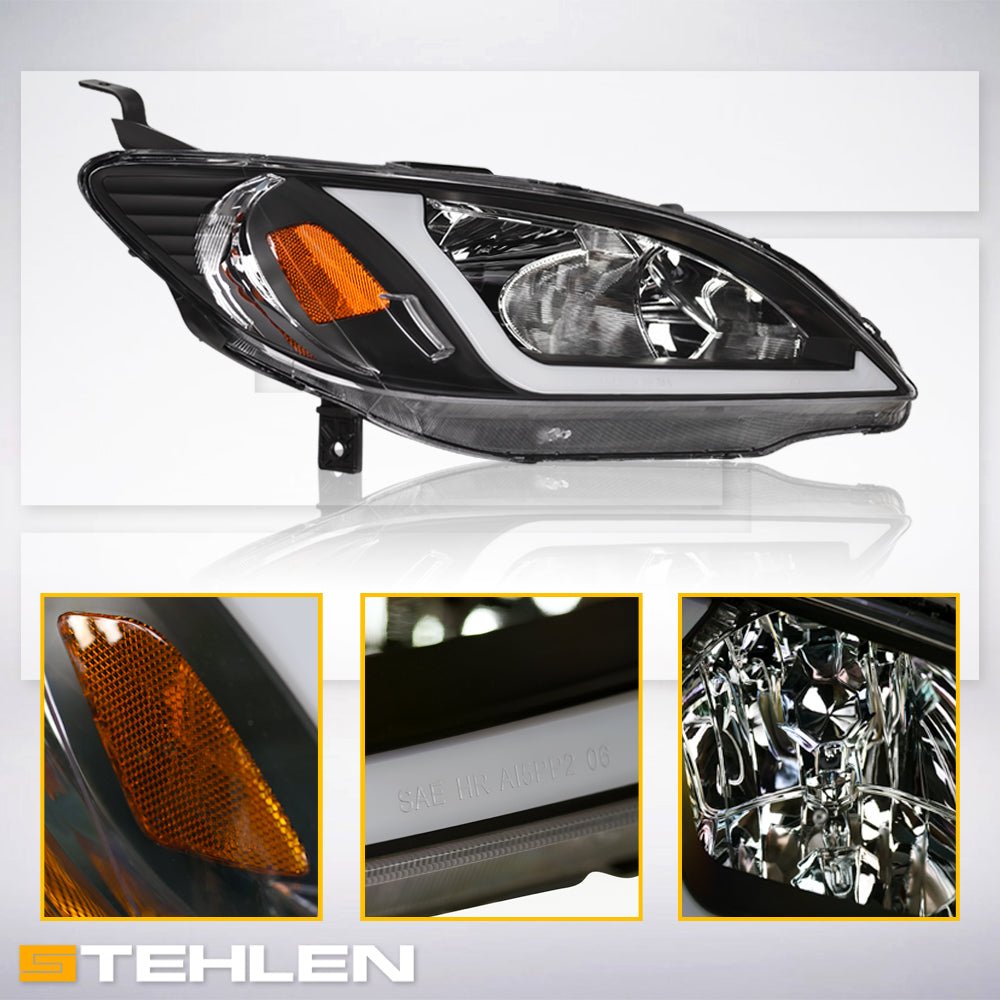 04-05 Honda Civic Crystal Headlights w/ LED Light Bar - Black